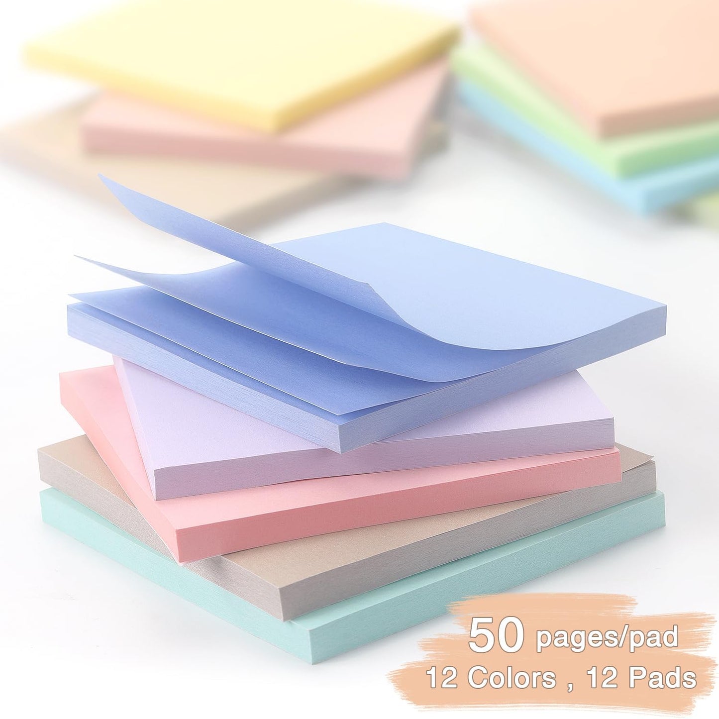 Sticky Notes 3x3 Inch, 12 Pack, 12 Pastel Multi Colors Note Pads, 50 Sheets/Pad, Perfect for Office, School, and Home Organization
