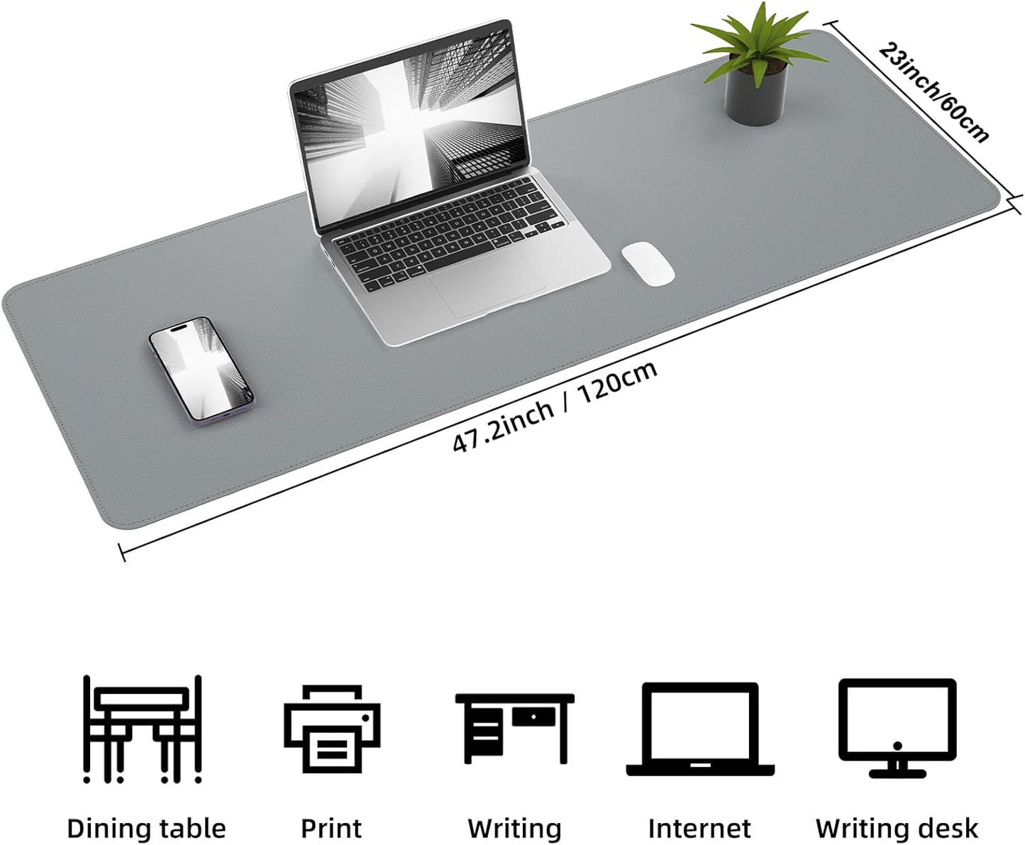 Leather Desk Protector, 47in*23.7in Large Mat with Natural Cork & PU Leather, Mouse Pad, Non-Slip Office Mat, Waterproof Writing Pad for Office and Home (Light Grey)