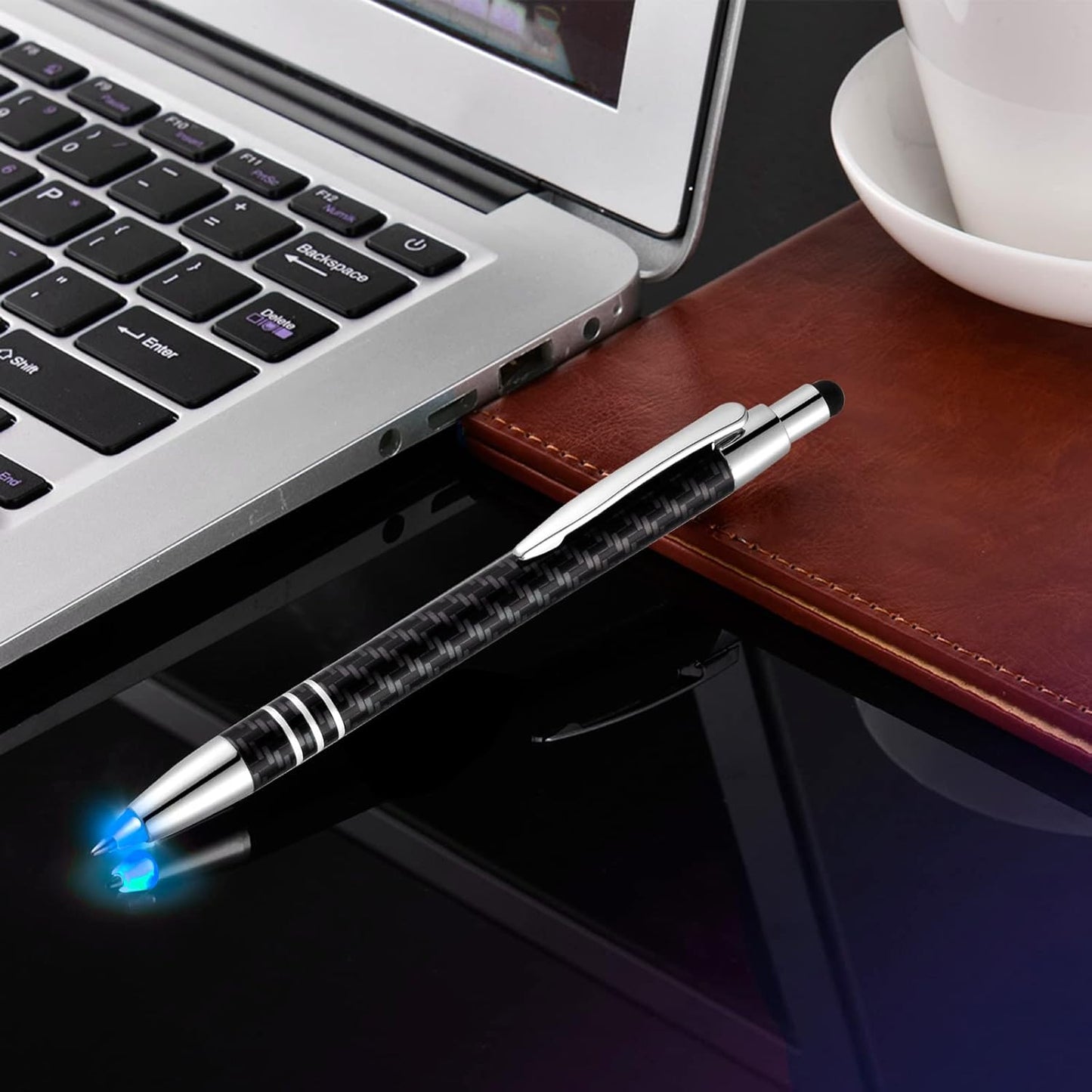 Glovion Lighted Tip Pen With Stylus 3-in-1 - LED Penlight Ballpoint Pen for Writing in the Dark - Pack of 3 - Blue Light - GL006