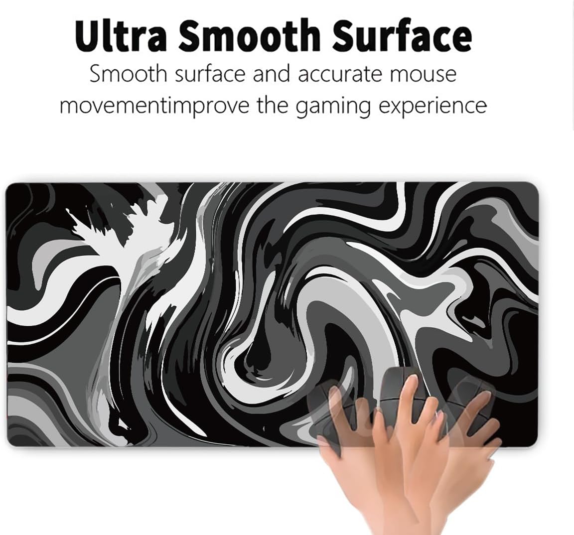 Large Gaming Mouse Pad - Black and White Mouse Pad with Stitched Edges, Extended XL Mousepad with Anti-Slip Rubber Base, Ink Liquid Wave Desk Mat for Keyboard and Mouse(31.5x15.8 inch)
