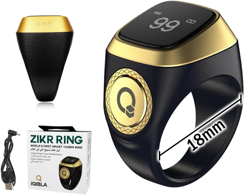 Smart Ring Counter,Tasbih Counter Smart Ring,Rechargeable Finger Counter,18mm Muslim Islamic Prayer Smart Rings,Digital Electronic Smart Tally Counter for Prayer Time Reminder(Black,18MM)