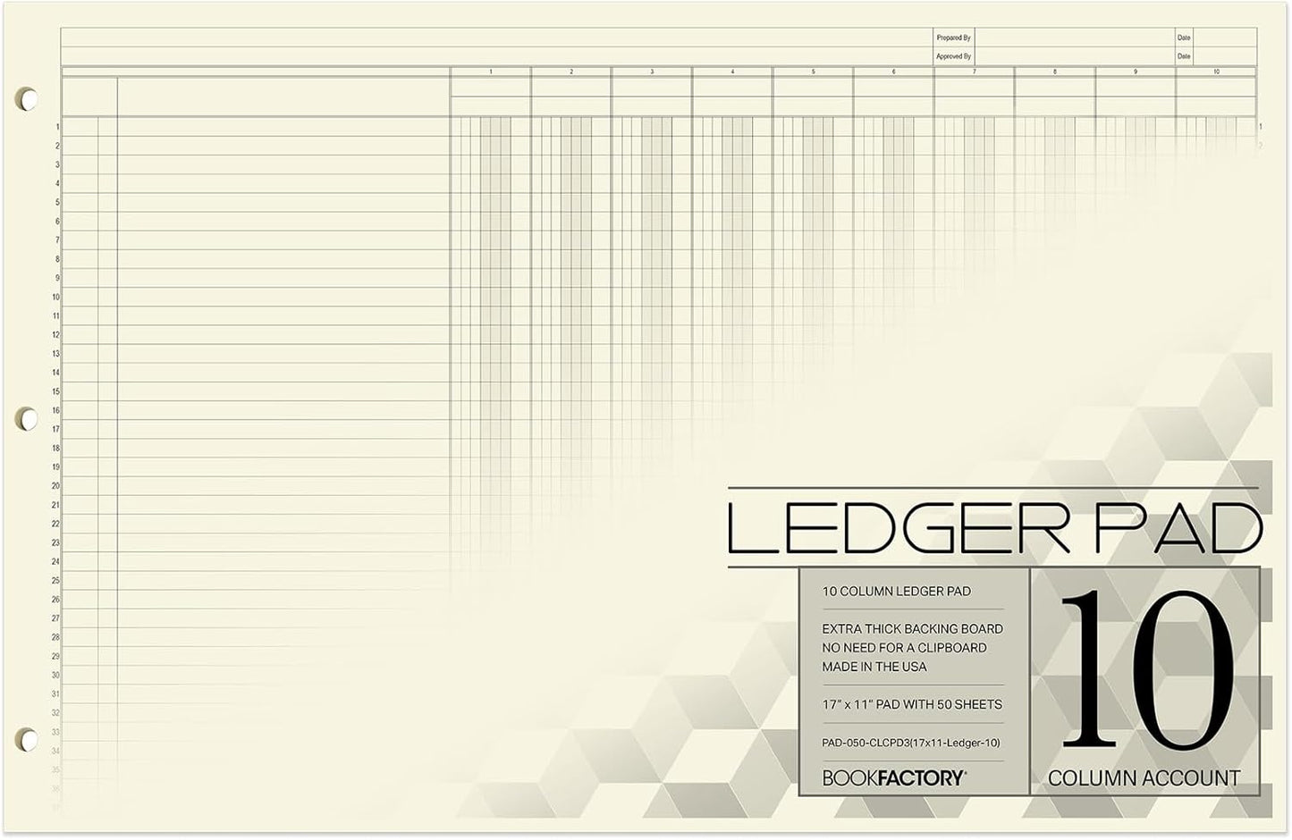 BookFactory Ledger Pad/Large 10 Column Accounting Ledger Columnar (Ten Columns) Pads - 17'' x 11'', 50 Pages, Notepad Landscape Format (PAD-050-CLCPD3(17x11-Ledger-10)-AX)