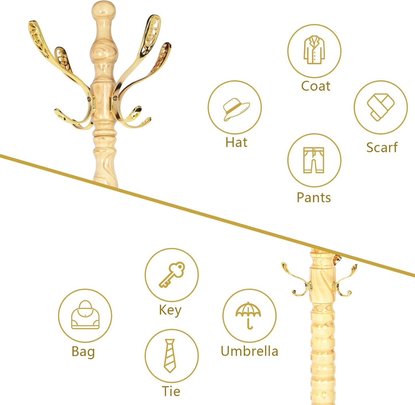 Vintage Wooden Coat Rack Free Standing,14 Hooks, 3-Level Adjustable Height, 73-Inch Retro Coat Rack Stand, Suitable for Entryway, Living Room, Office and Bedroom (Natural)