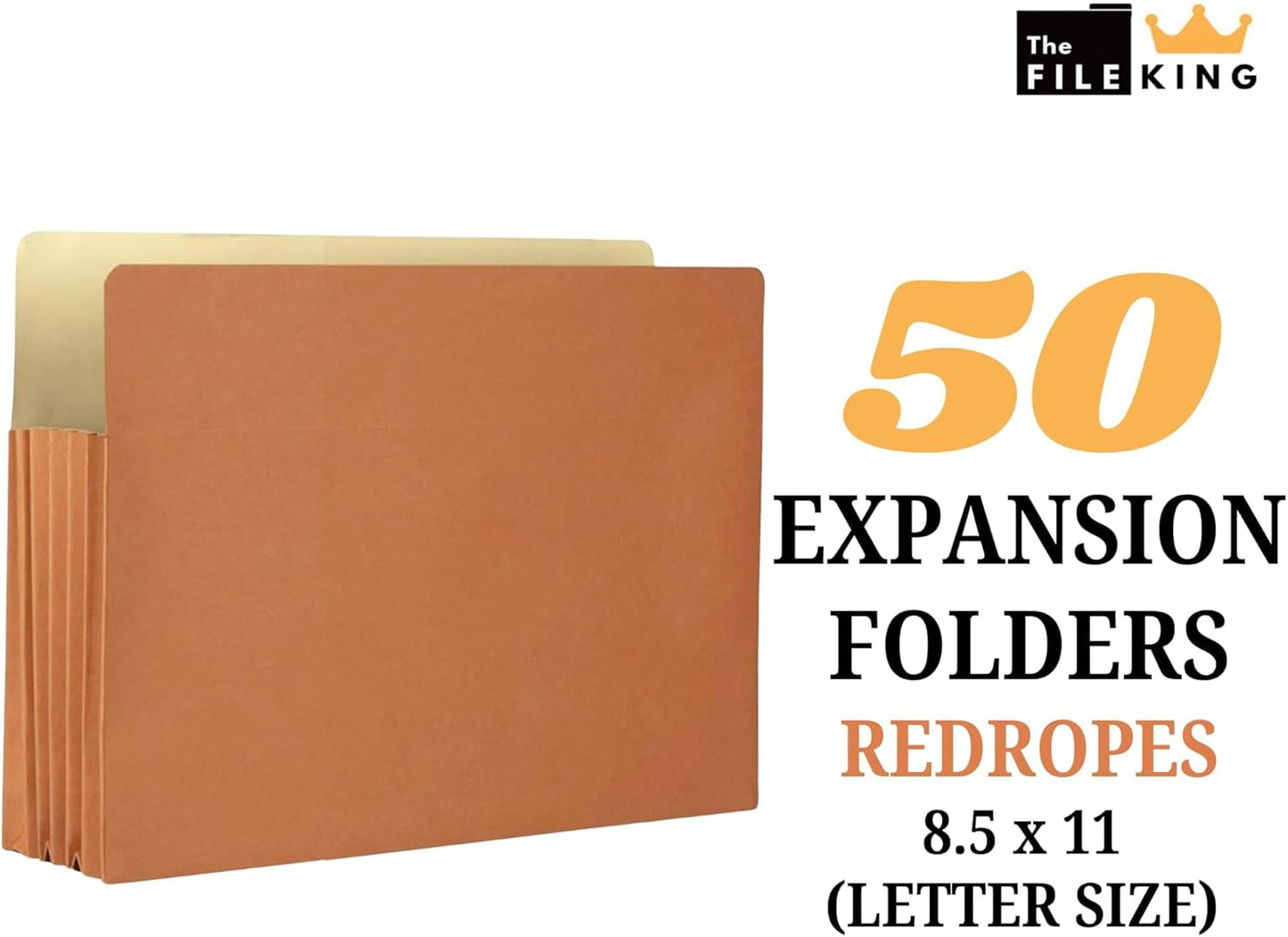 The File King Accordion File Folders Letter Size | Box of 50 Redropes | Expanding File Folder - 5.25" Expansion | Expandable Accordian File Organizer Pocket | Redwell Filing Organization & Storage
