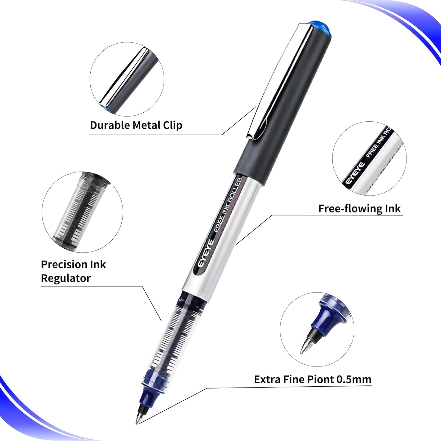 EYEYE 25 Pack 0.5mm Blue Rollerball Pens Extra Fine Point Quick Dry, Liquid Ink Pens Fine Point Smooth Writing Pen for Journaling, Note Taking, Office, School Supplies