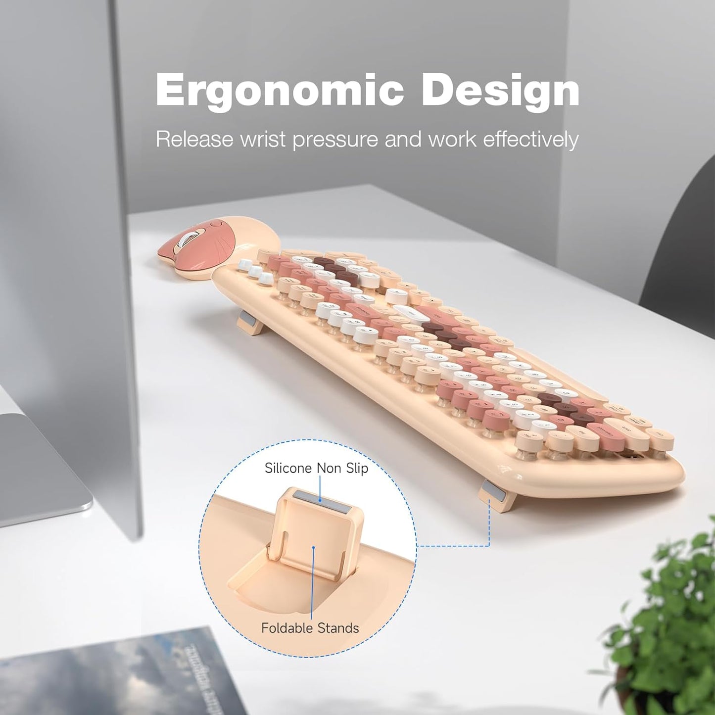 Wireless Keyboard and Mouse Combo for Windows, MOWUX 2.4G Full-Sized External Cordless Computer Keyboard, Compact Mouse, 8 Multimedia and Shortcut Keys, for PC, Laptop - Milk Tea Colorful