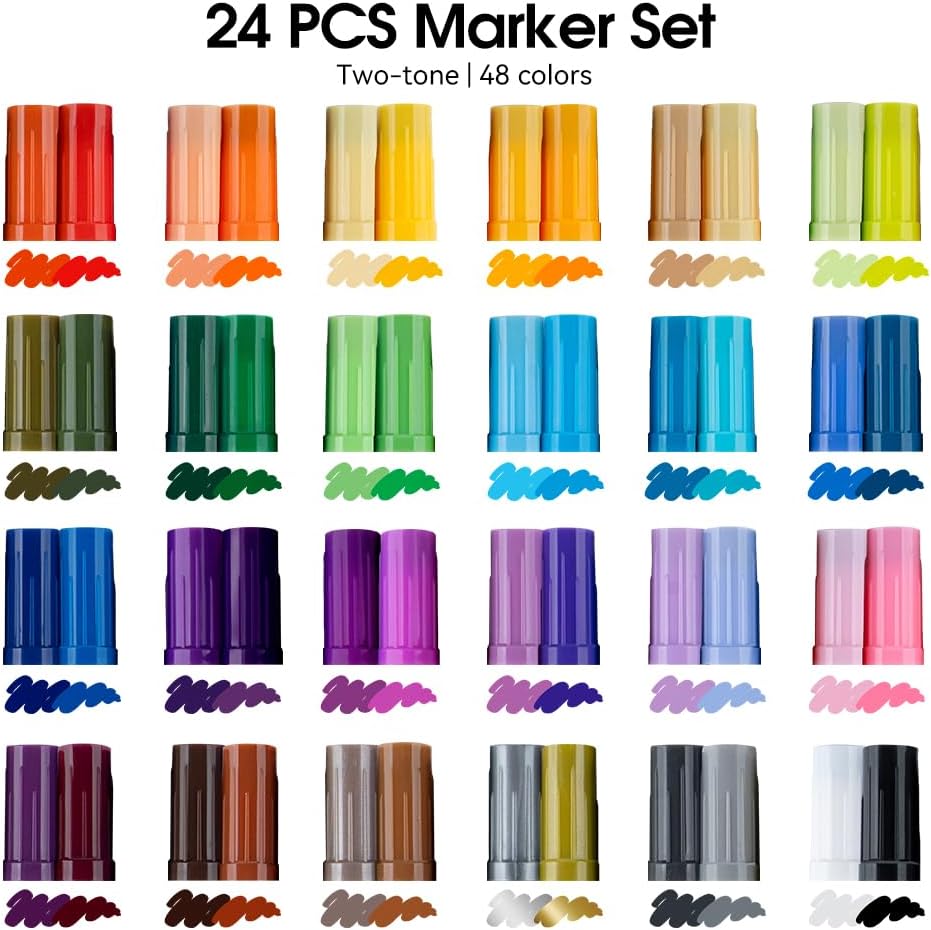 TRANSON 48 Colors Acrylic Paint Marker Set, 24 Pieces of Dual-color Acrylic Paint Pens with Brush Tips Versatile for Craft Painting, Drawing, Rock Painting, DIY, Paint on Most Surfaces