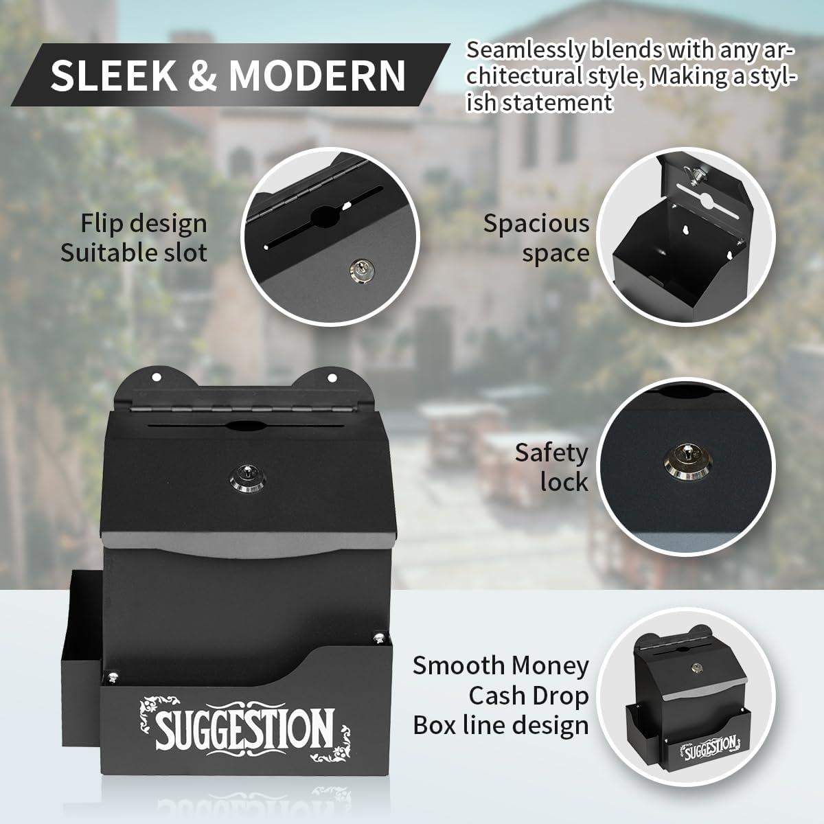 Metal Suggestion Box with Suggestions Lettering, Wall-Mounted&Tabletop With Lock Pen Holder Suggestion Cards*50pcs for Fundraising Comment Voting Prayer Money Drop Donation 8.46×5.9×6.96"