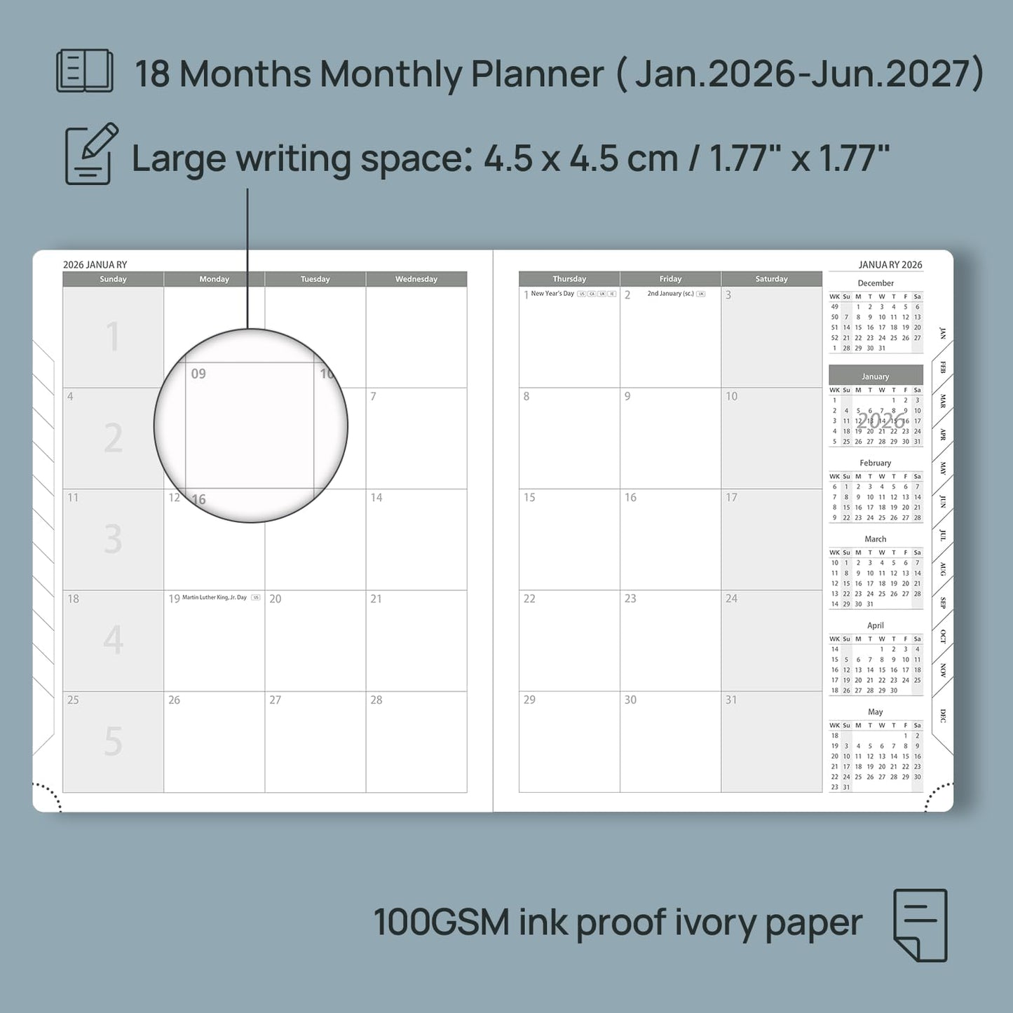 POPRUN Monthly Planner 2026-2027 (Large- 8.5" x 10.5" Soft Cover), 18-Month Calendar Book (Jan.2026 - Jun. 2027), Calendar Planner with Monthly Tabs & Pocket, 100 GSM Paper - Burgundy
