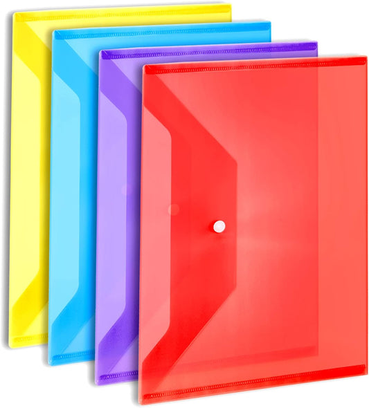 LEOBRO Plastic File Folders for Documents, 4 PCS File Folders, A4 Size Plastic Folders, Plastic Envelopes with Snap Closure, Clear Envelopes Pouches Folder Organizer Document Holder, Filing Envelopes