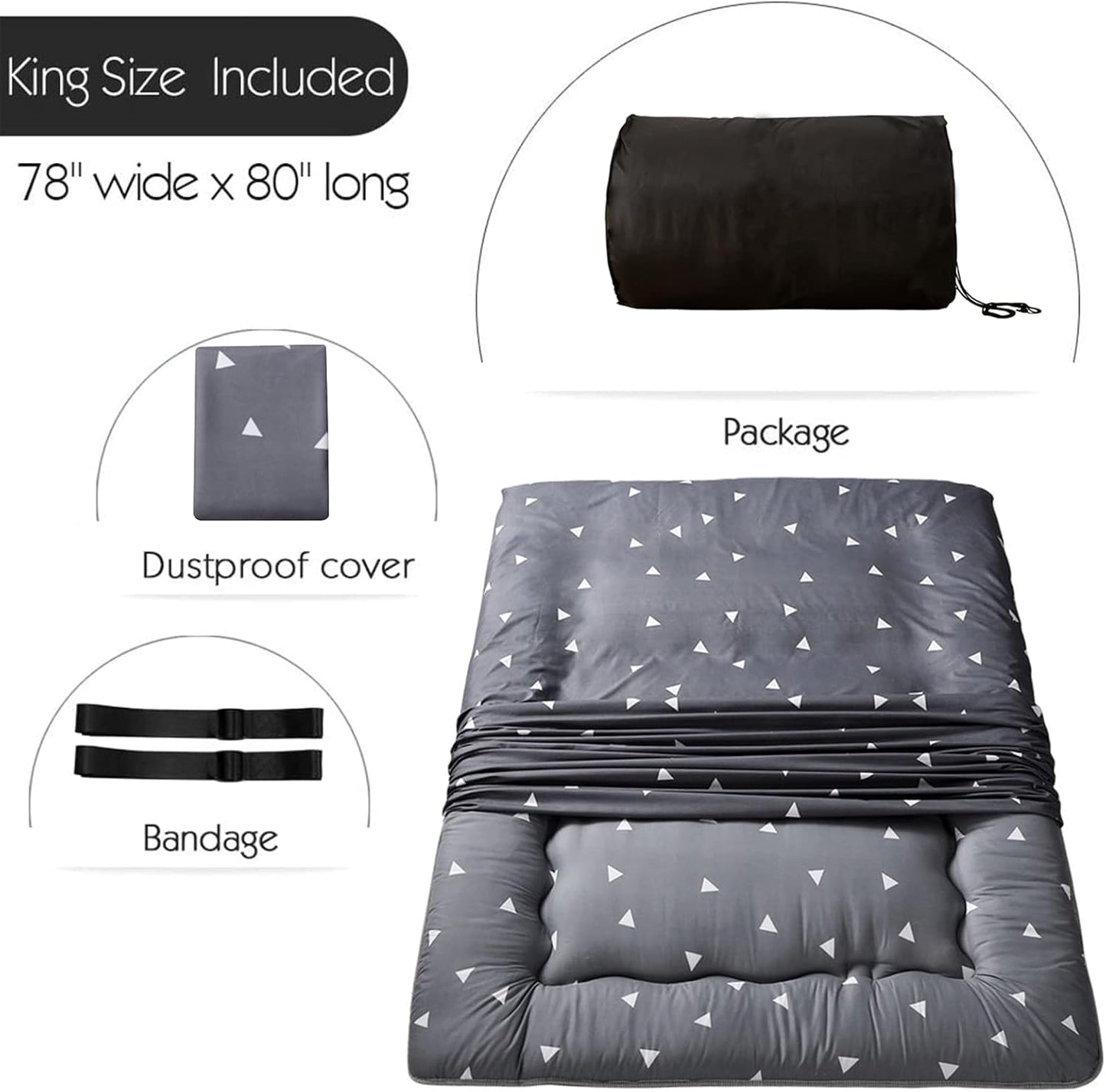 MAXYOYO Grey Triangle Japanese Floor Futon Mattress, Tatami Floor Mat Portable Camping Mattress Kids Sleeping Pad Foldable Roll Up Floor Lounger Pillow Bed, King Size