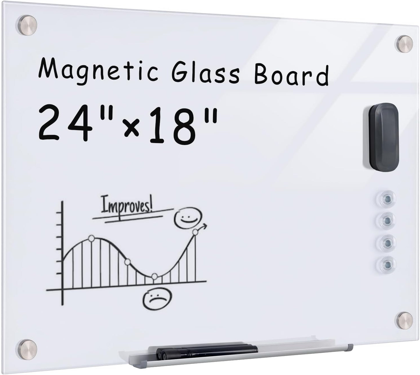 Magnetic Glass Whiteboard，24"x18" Wall Mounted Frameless Dry Erase Board for Office, Home & School Ultra White