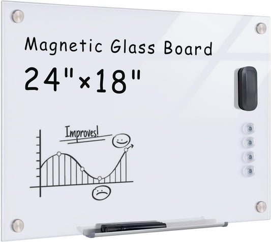 Magnetic Glass Whiteboard，24"x18" Wall Mounted Frameless Dry Erase Board for Office, Home & School Ultra White