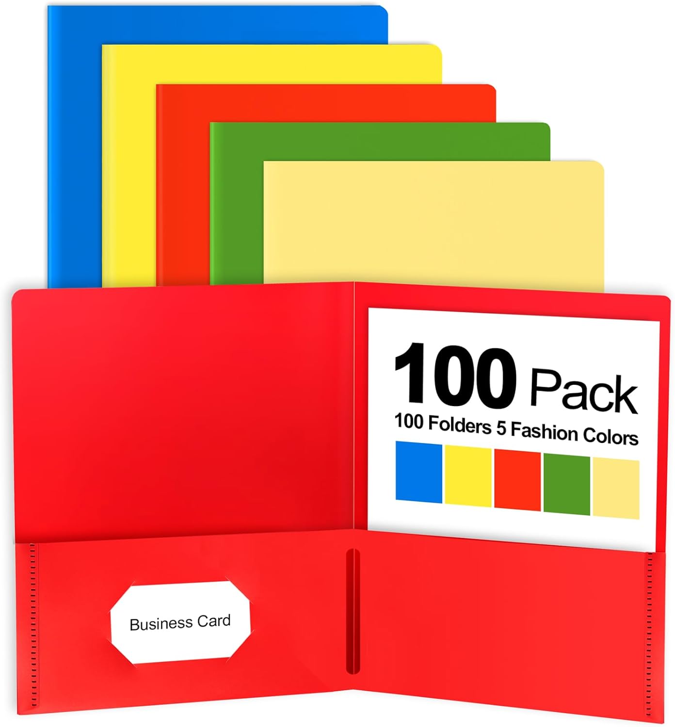 Habgp 100 Pack Plastic Folders with Pockets, 5 Color Heavy Duty Two Pocket Folder Business Card Holder for Office High School, Business Resume