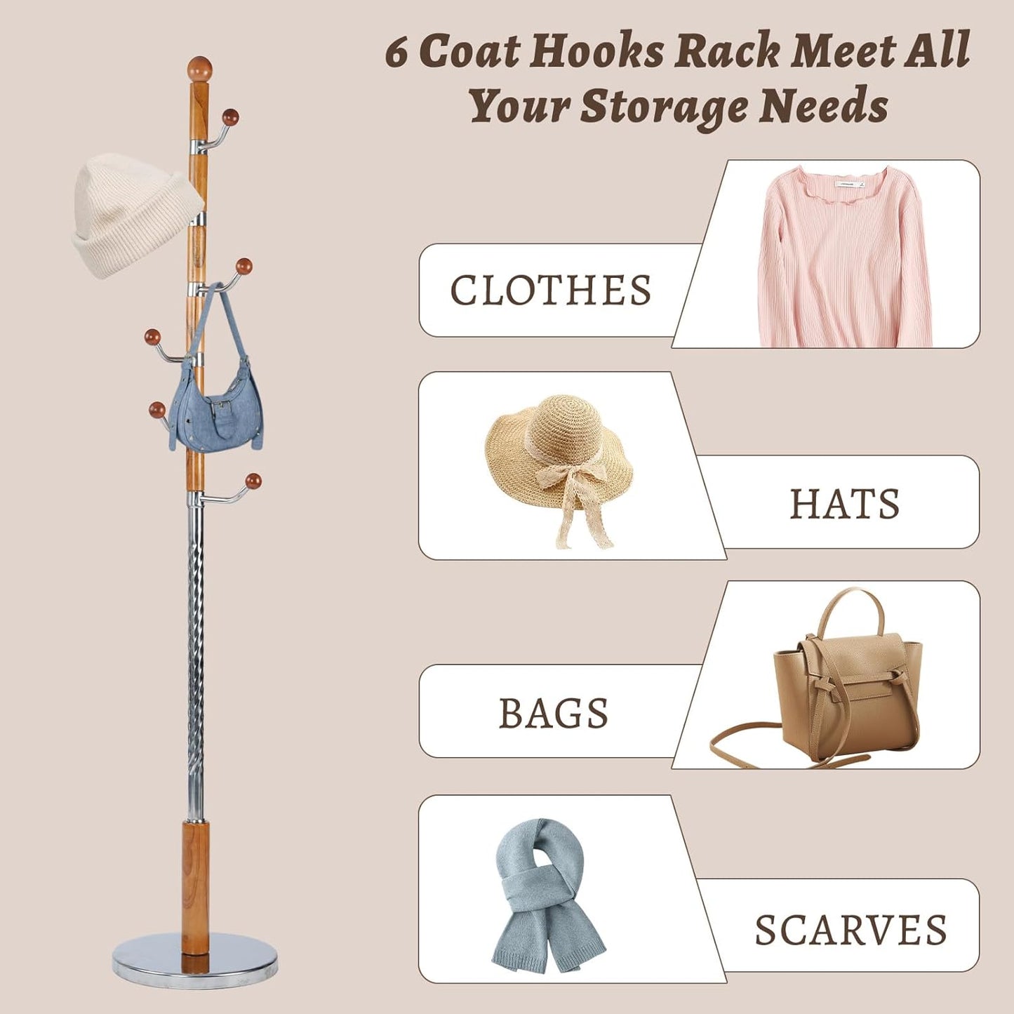 Wooden Coat Rack Freestanding with Resin Hooks, Adjustable Heavy Duty Stand for Hanging Coats, Bags, Hats, and Umbrellas in Living Room, Bedroom, Entryway (Walnut color-metal)