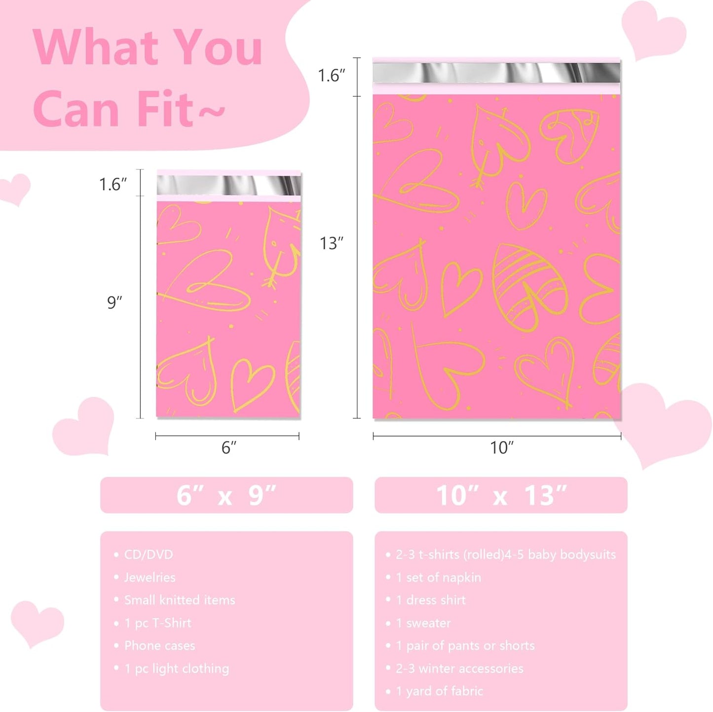 Thank You Poly Mailers 6x9 Inch 100 Pcs - Heart printed Shipping Bags, 2.4mil Thickness, Waterproof and Tear Resistant Mailing Envelopes, Self-Sealing Packaging Bags for Clothing