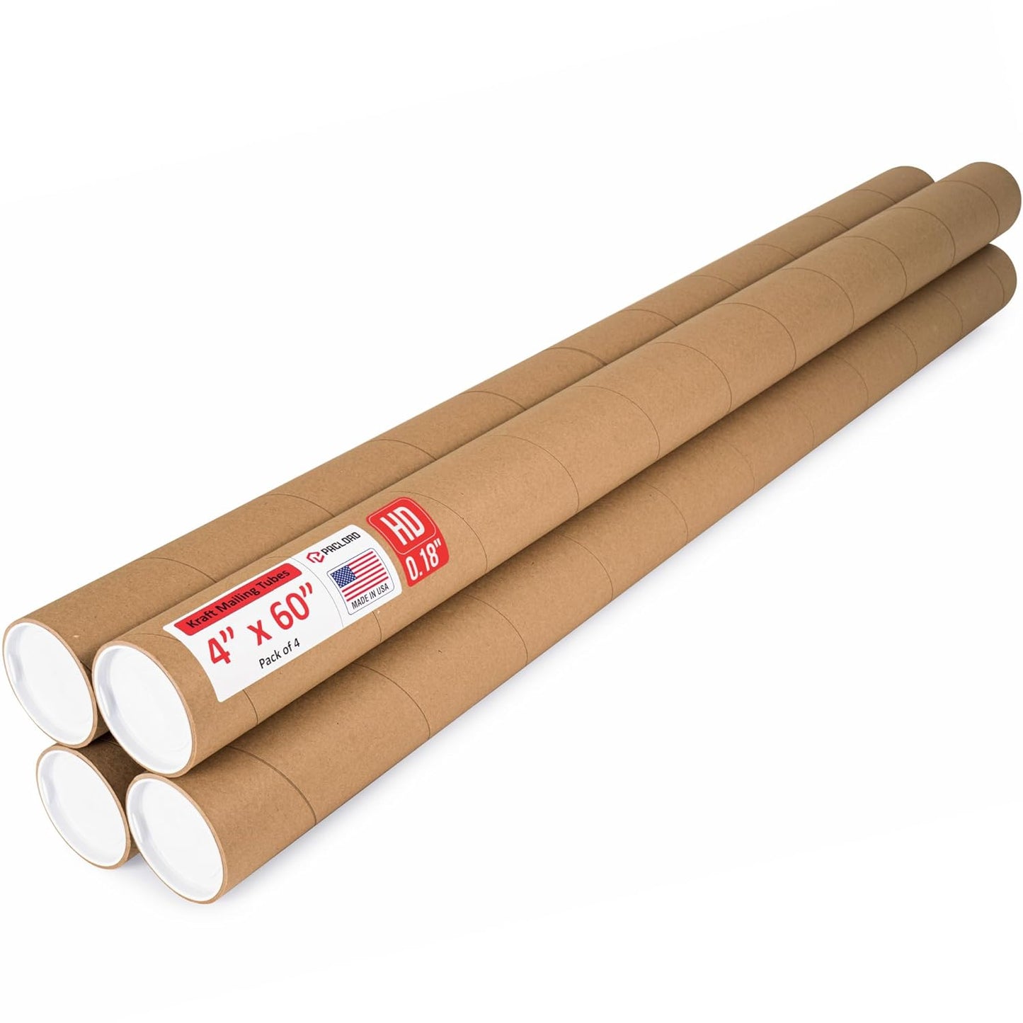 4" x 60" Heavy-Duty Reinforced Cardboard Mailing Tube, Pack of 4 Tubes with 8 Caps – Secure USPS Approved – Great for Shipping and Storing of Prints, Artwork, Posters or Documents