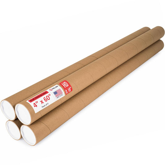 4" x 60" Heavy-Duty Reinforced Cardboard Mailing Tube, Pack of 4 Tubes with 8 Caps – Secure USPS Approved – Great for Shipping and Storing of Prints, Artwork, Posters or Documents