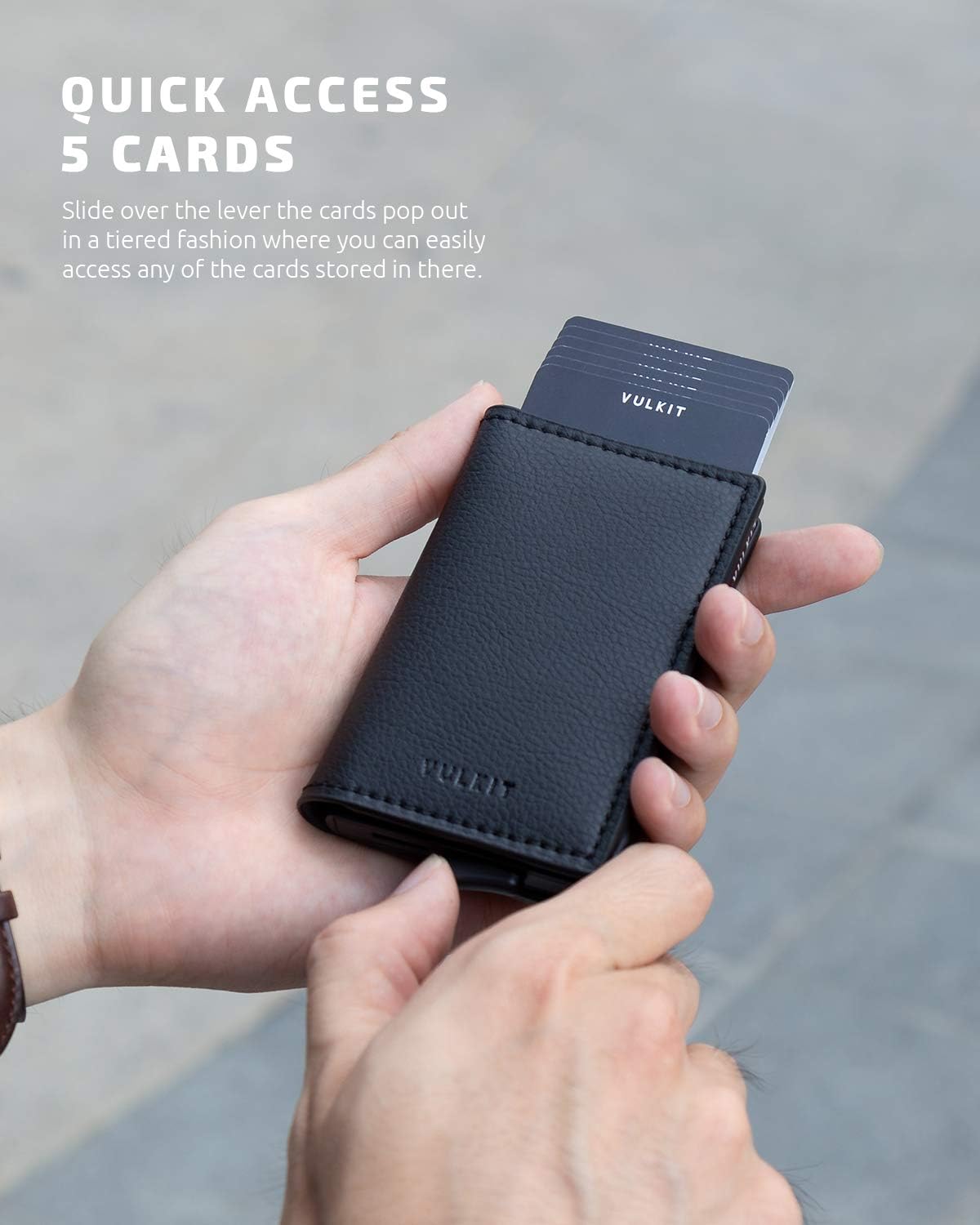 VULKIT Credit Card Holder RFID Blocking Leather Automatic Pop Up Wallet Aluminum Slim Pocket Business Card Case