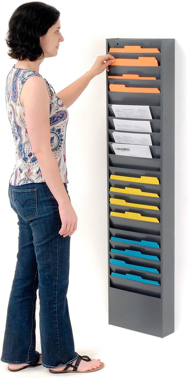 Global Industrial Steel Medical Chart Hanging Wall File Holder, 20 Pockets, Gray, Wall Mounted Magazine and File Folder Holder, 12-1/2"W x 8-3/8"H Pockets