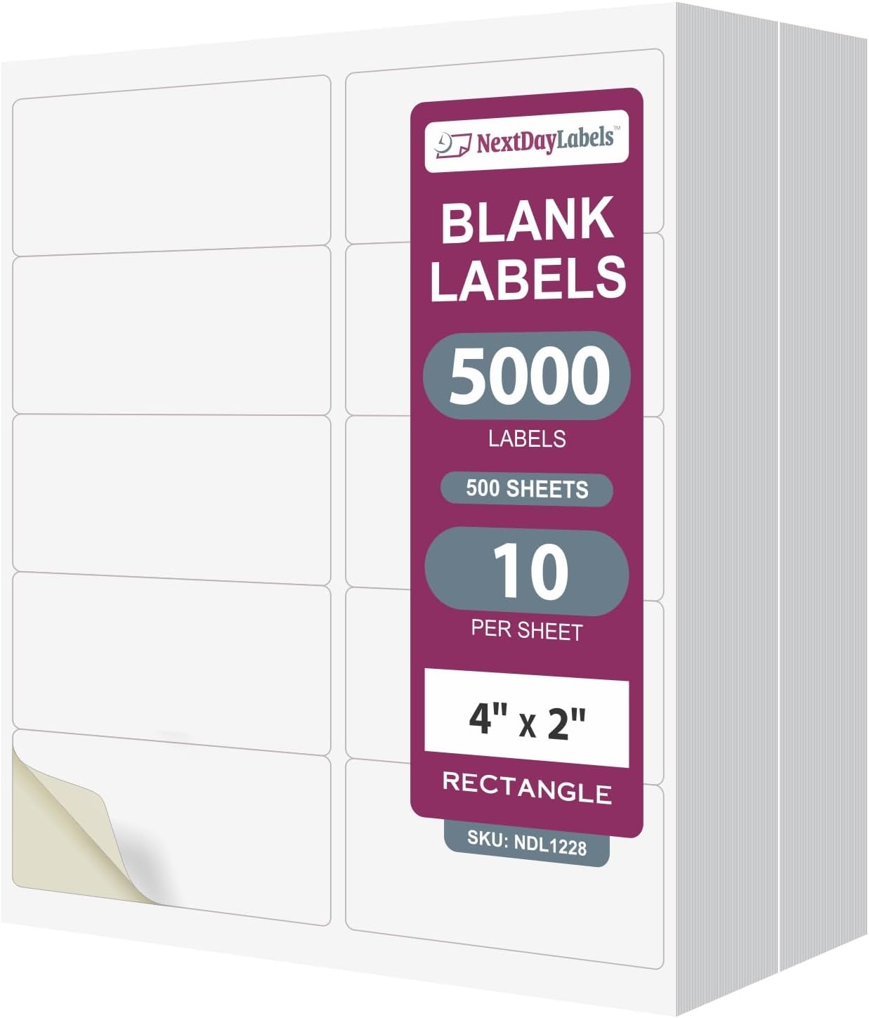 NextDayLabels – 4” x 2” Rectangular Sticker Labels for Printer - White Laser/Inkjet Printer Labels Return Address Labels Shipping Label Stickers (500 Sheets, 10 Per Sheet, 5000 Labels)