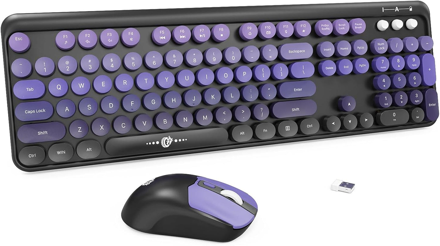 Wireless Keyboard and Mouse Combo, 2.4 GHz Wireless Full-Sized Typewriter Keyboard with Round Keycaps for Windows, Computer, Desktop, PC, Laptop (BlackPurple)