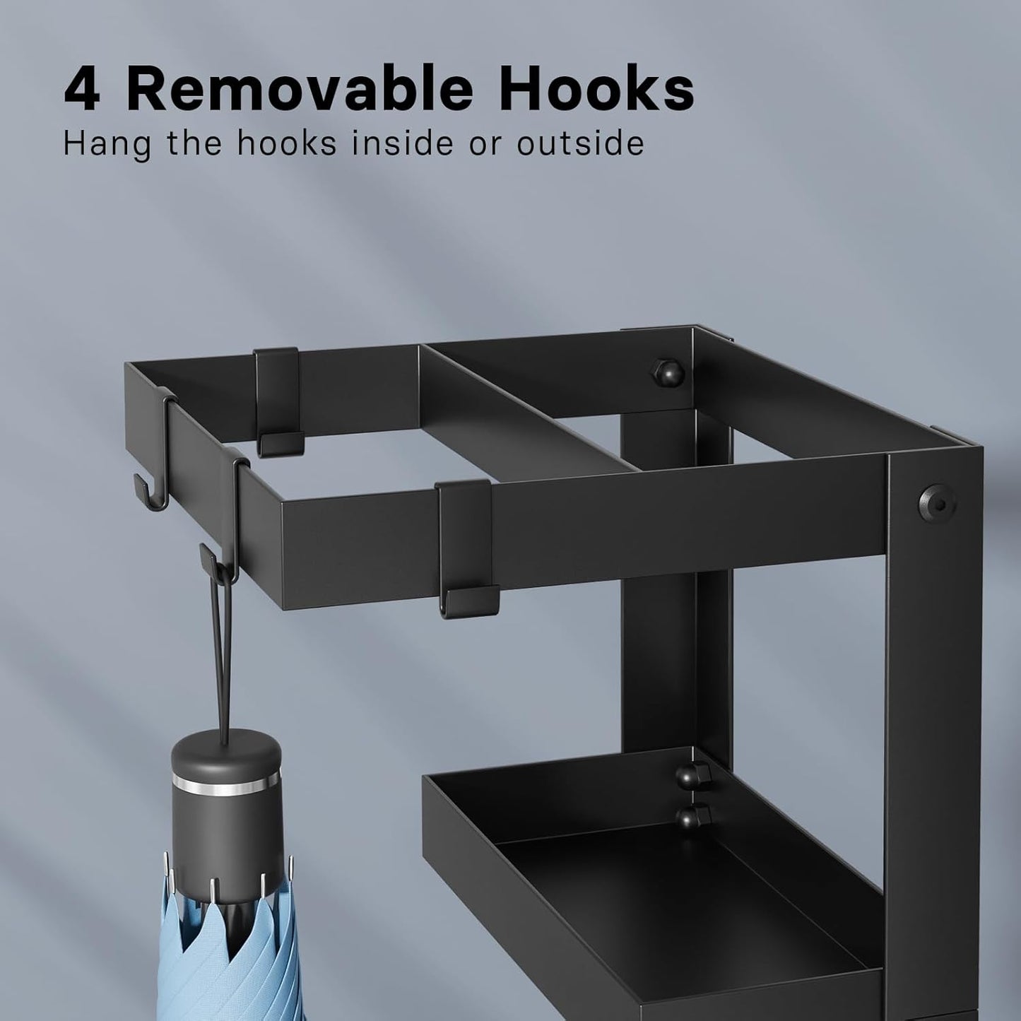 Umbrella Stand, Steel Umbrella Holder Rack with Small Shelf, for Entryway, Office, 4 Hooks, Black