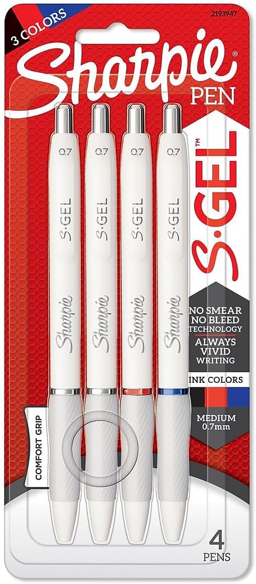 Sharpie S-Gel Gel Pens Drawing Pens Gel Ink for Journaling Writing Coloring Medium Point (0.7mm) White Barrel Assorted Ink Colors 4 Count