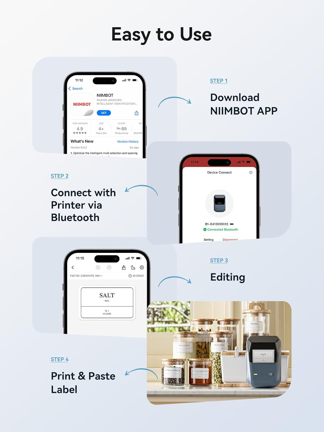 NIIMBOT B1 Label Maker Machine with 3 Tapes, 50x30mm/50x80mm/ 50x50mm Round Labels, Bluetooth Thermal Label Printer for Small Business,Office,Home,School (Blue, 1 Printer+3 Roll Label)