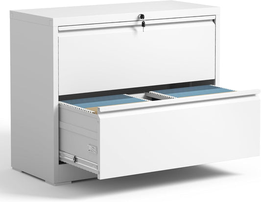 Lateral File Cabinet with Lock, Metal File Cabinets for Home Office Legal/Letter A4 Size, File Cabinet with 2 Drawer Storage Cabinet, Require Assembly, White