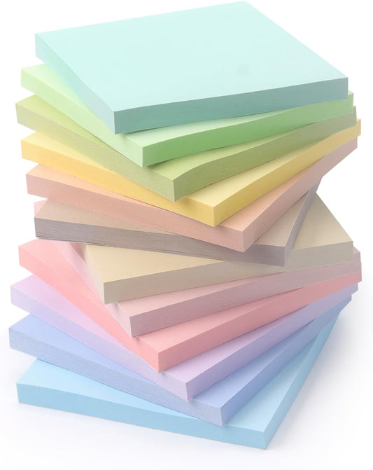 Sticky Notes 3x3 Inch, 12 Pack, 12 Pastel Multi Colors Note Pads, 50 Sheets/Pad, Perfect for Office, School, and Home Organization