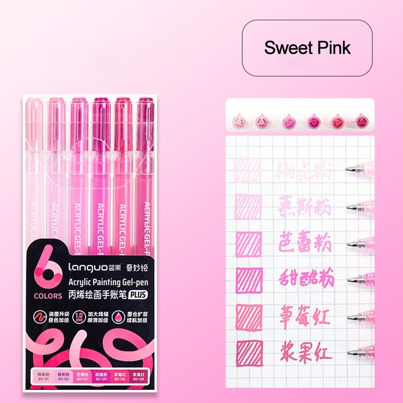 Acrylic Gel Pens for Coloring Books, Quick Dry 6 Pcs 1.0mm Fine Point Gel Marker Pen for Drawing, Journaling Art, School Supplies, Sweet Pink
