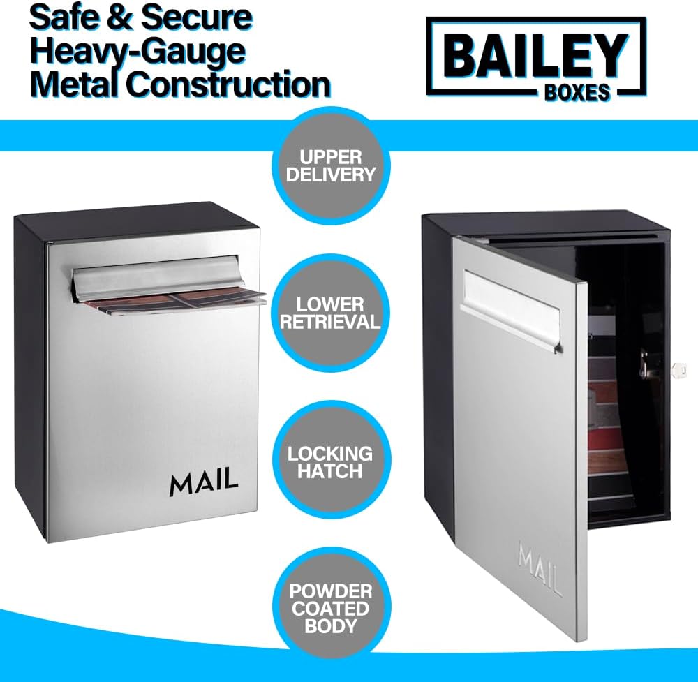 Wall-Mounted Modern Locking Mailbox from Bailey Boxes: Enhance Your Home with The Franklin - 15.75" H x 11.75" W x 7.5" D. Elevate Your Space with This Stylish and Secure Addition.