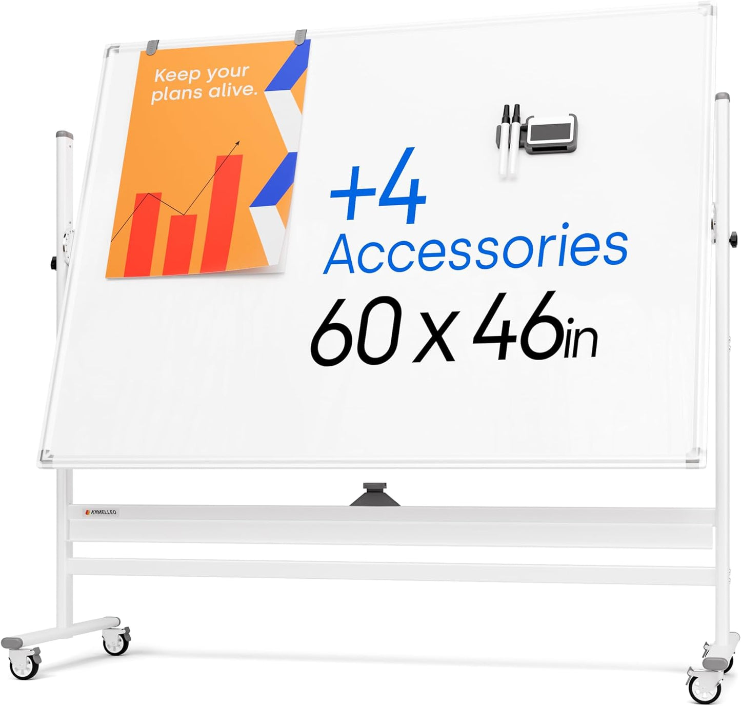 Rolling Dry Erase Board 60 x 46 - Large Portable Magnetic Whiteboard with Stand - Double Sided Easel Style Whiteboard with Wheels - Mobile Standing White Board for Office, Classroom & Home