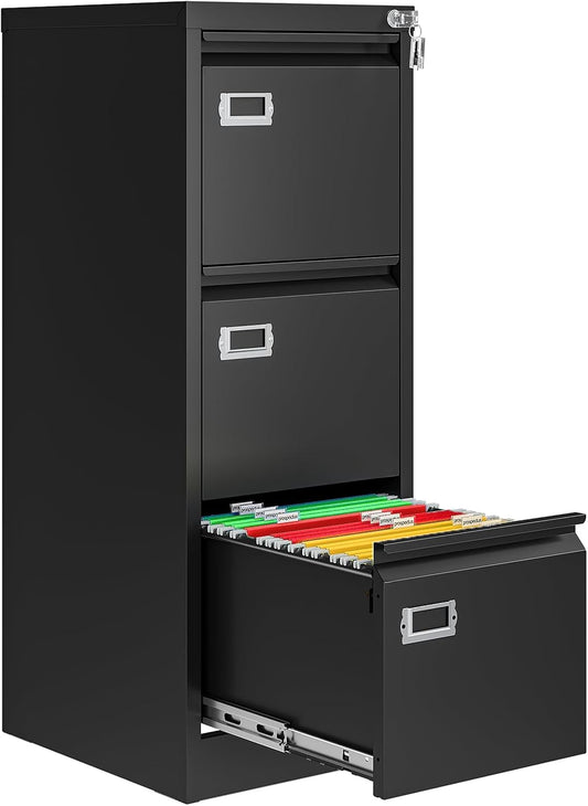 3 Drawer File Cabinet with Lock, Metal Filing Cabinets for Home Office, Vertical Black Locking File Caninet, Steel Narrow Three Drawer File Cabnet for Letter/Legal / A4 / B4- Assembly Required