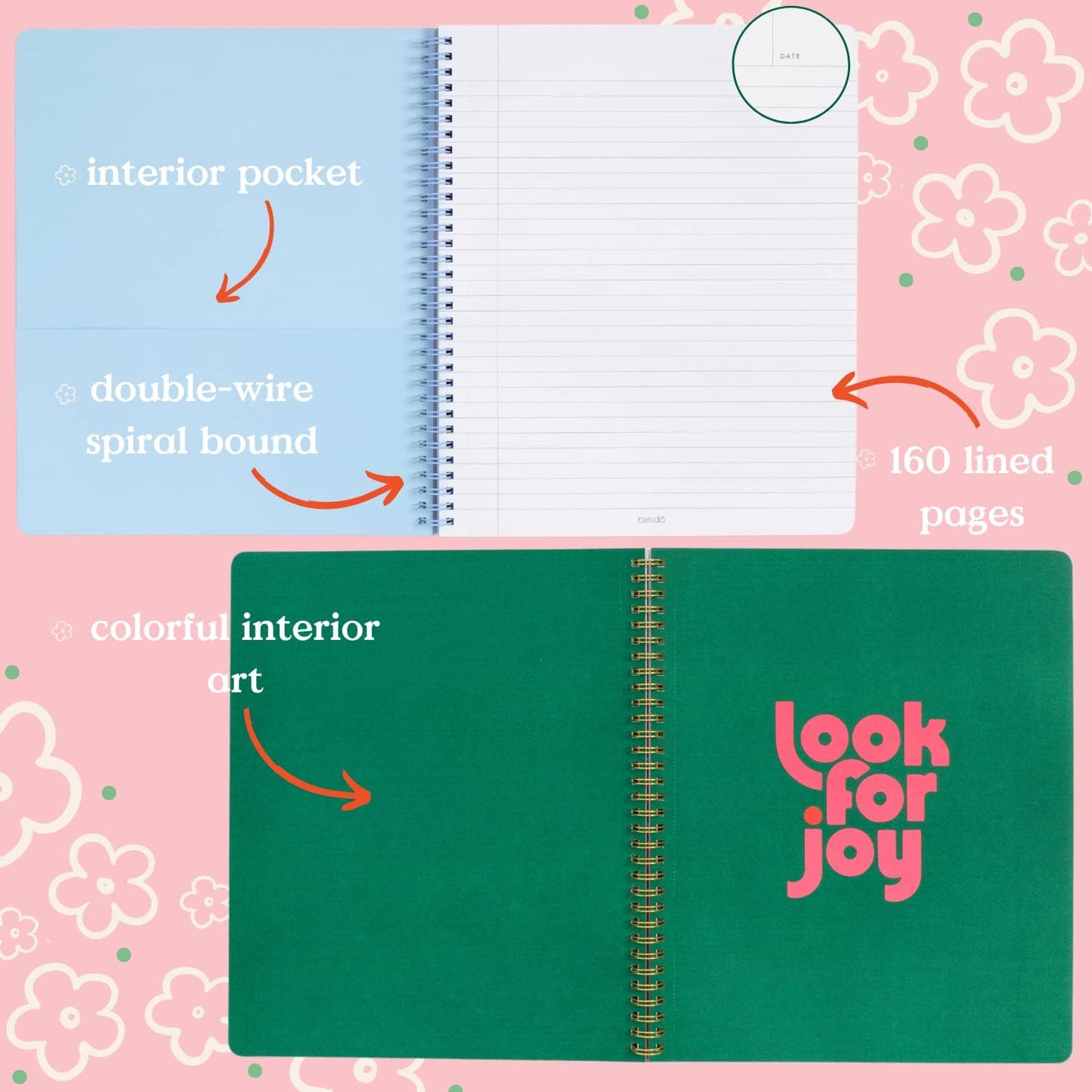 ban.do Floral Rough Draft Large Spiral Notebook, 11" x 9" with Pockets and 160 College Ruled Pages, Strawberry Fields