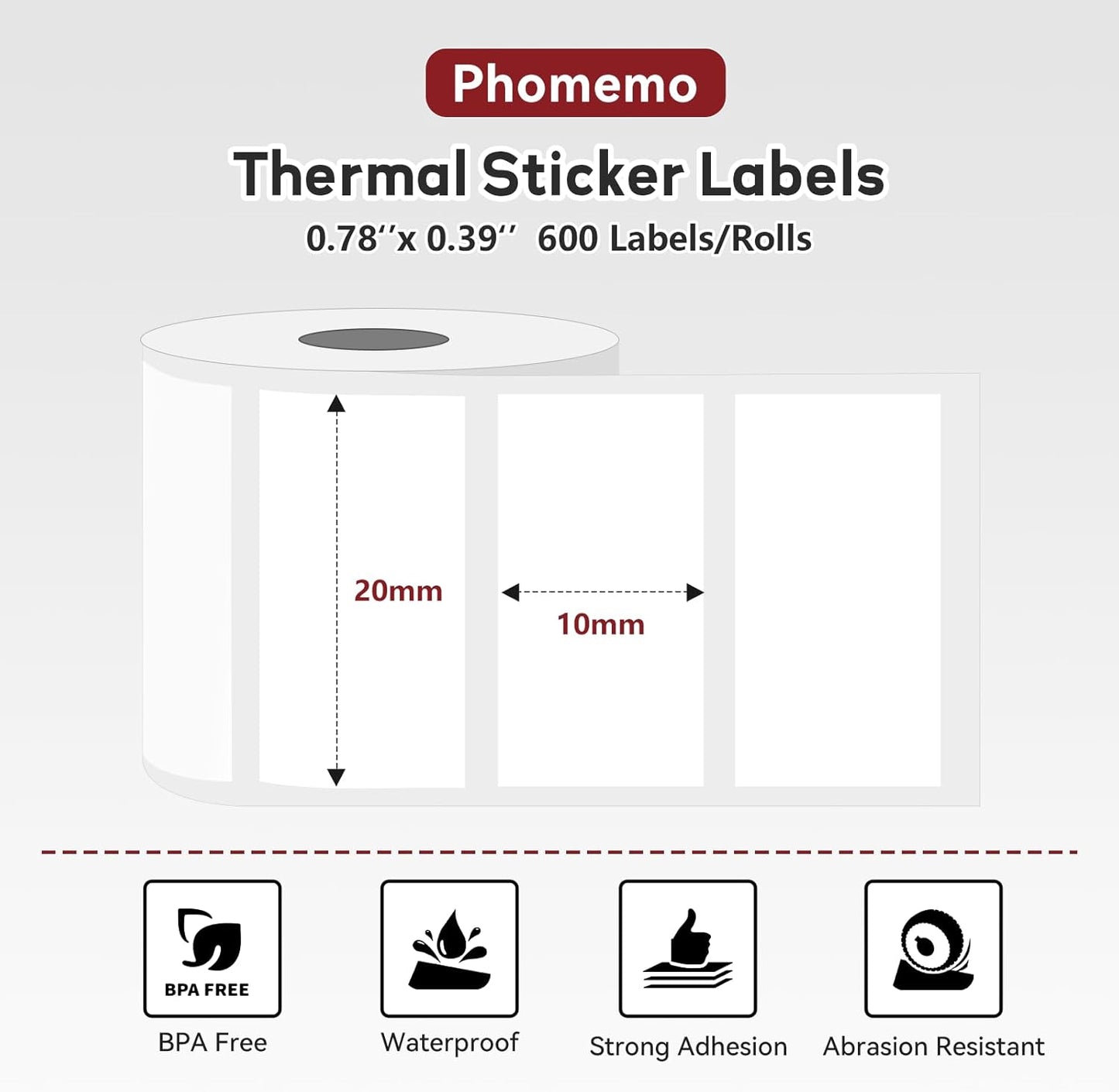 3 Rolls (1800Pcs) Thermal Labels, Phomemo 0.78'' x 0.39'' Stickers Compatible with Phomemo M220 M110 M108 M250 M260 M221 M120 M200 M150 Label Maker, Black on White