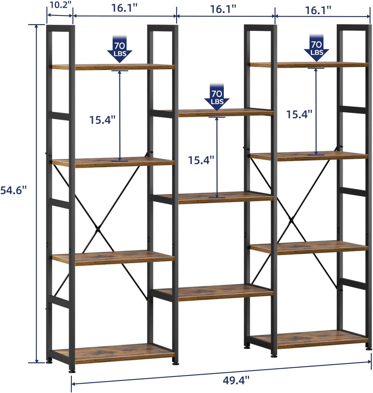 NUMENN Triple Column 4 Tier Bookshelf, Bookcase with 11 Open Display Shelves, Adjustable Rustic Industrial Style Book Shelves, Modern Bookshelves for Bedroom, Living Room and Home Office, Vintage
