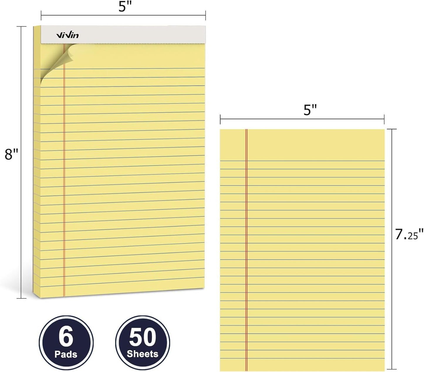 ViVin 5 x 8 Inch Legal Pads, 6 Pack, Narrow Ruled, 50 Sheets Per Writing Pad, Perforated Note Pads Ideal for Home, Office, Business, 300 Sheets, Canary Yellow Paper