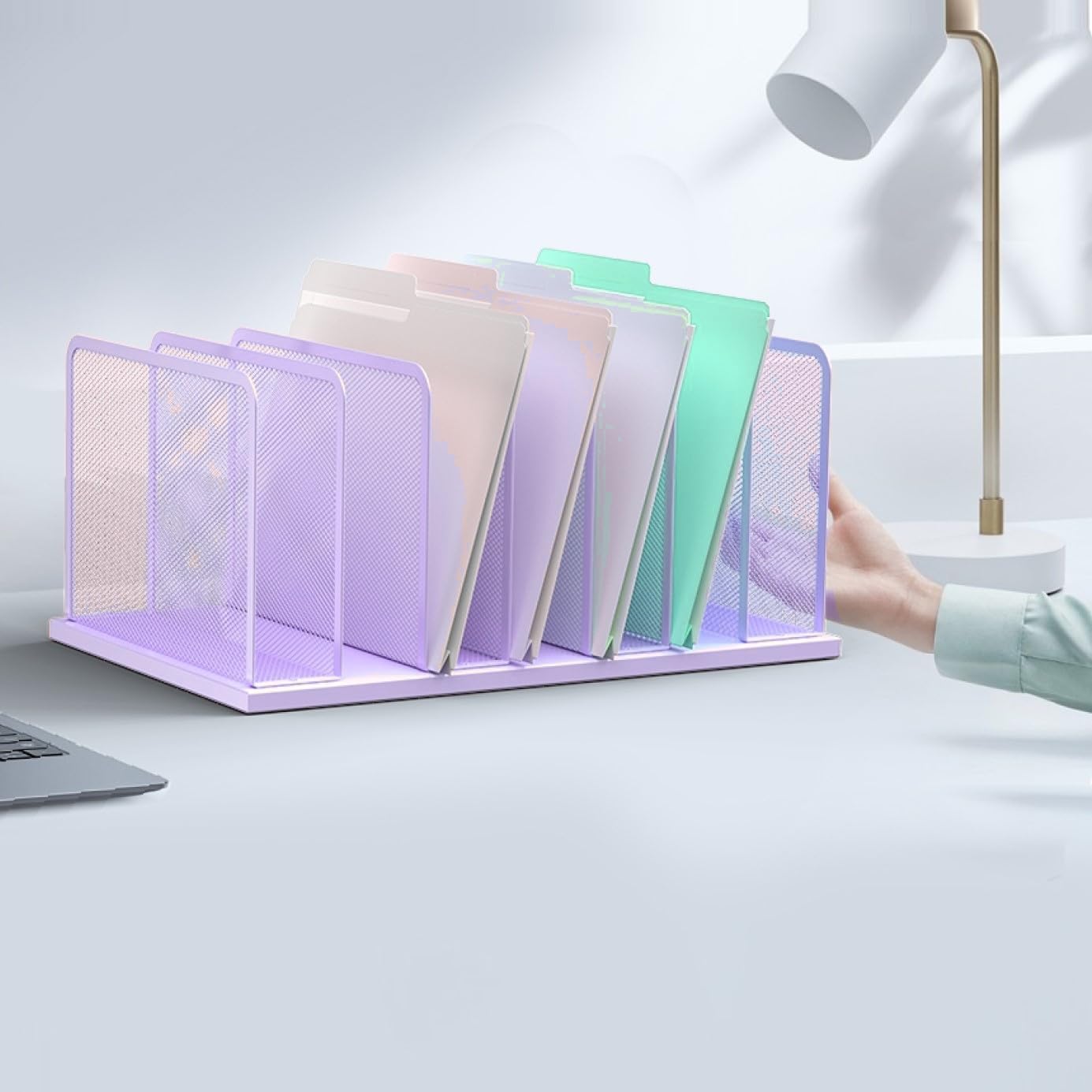 Kuntine.B Desk File Organizer Upright Mesh Desktop Organizer File Sorter Office Organization File Holder for Home, Office & Classroom (Purple, 1 Pack 7-Section)