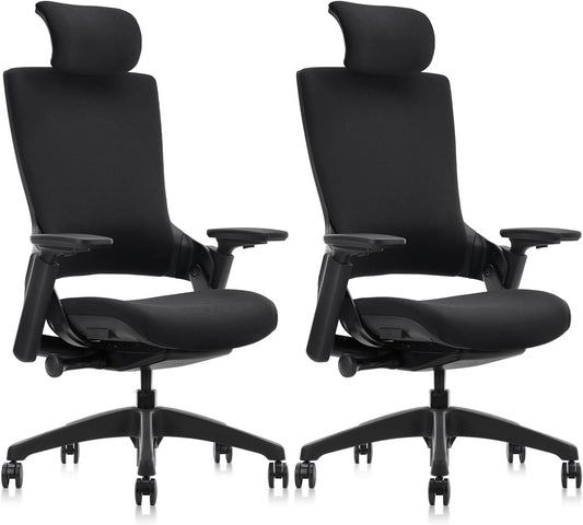 CLATINA Ergonomic High Swivel Executive Chair with Adjustable Height Head 3D Arm Rest Lumbar Support and Upholstered Back for Home Office Studio, Black Fabric, 2 Pack
