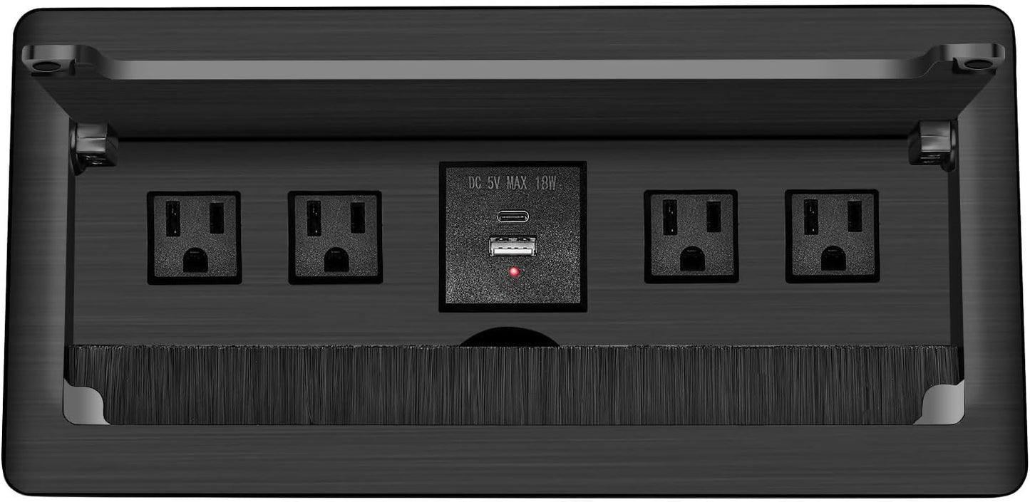 Embedded mesa Power Outlet Box, Table Power Multimedia Connectivity Box for Conference Study Room Home with 4 AC Outlet,USB-C Port Fast Charge 18W Length 4.9FT Power Cable (Brushed Black)