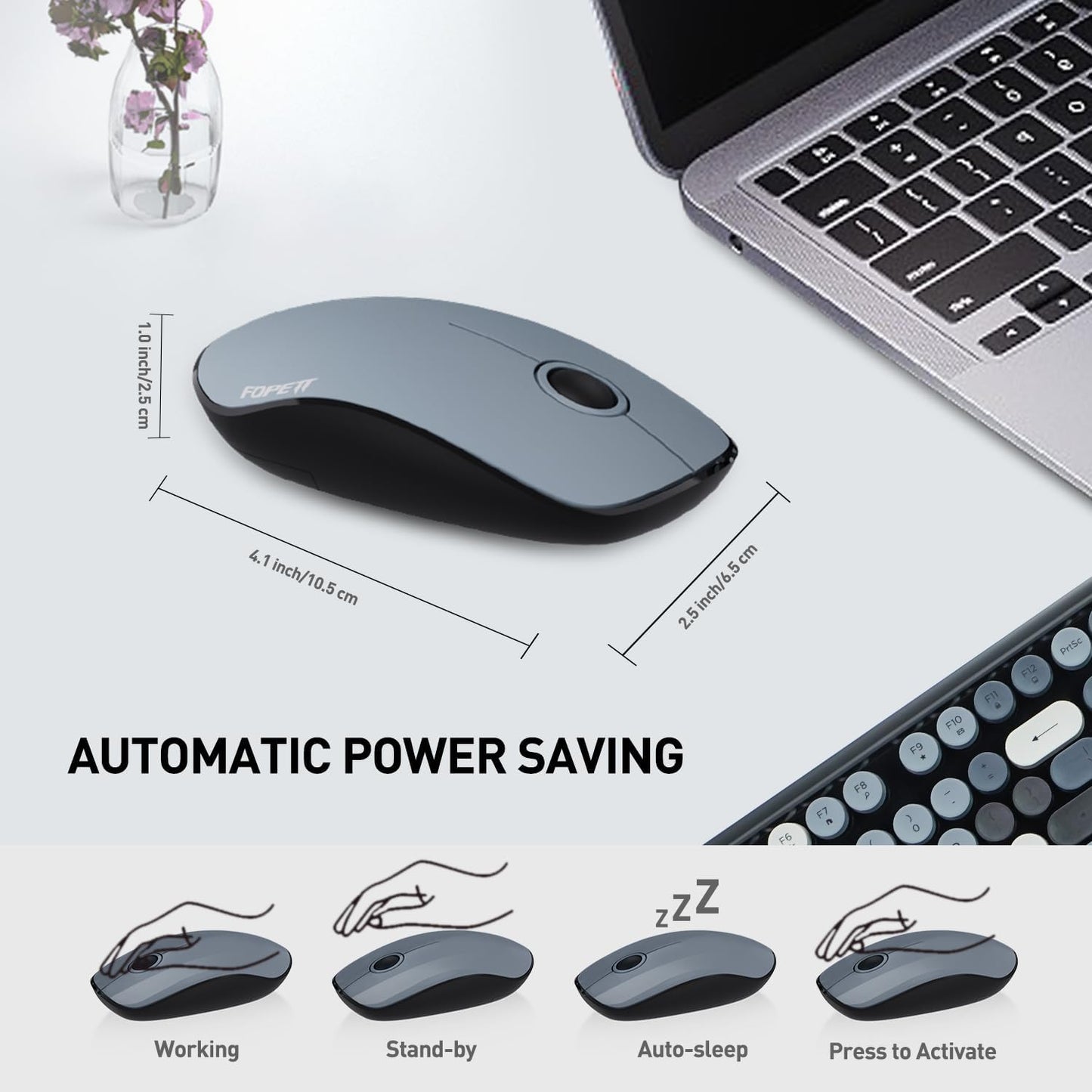 Keyboard and Mouse Wireless,Cute Retro Wireless Keyboard Mouse Combo with Round Key,2.4Ghz Dropout-Free Connection,Typewriter Keyboard Mouse Set for PC Laptop Desktop Computer-Grey Colorful