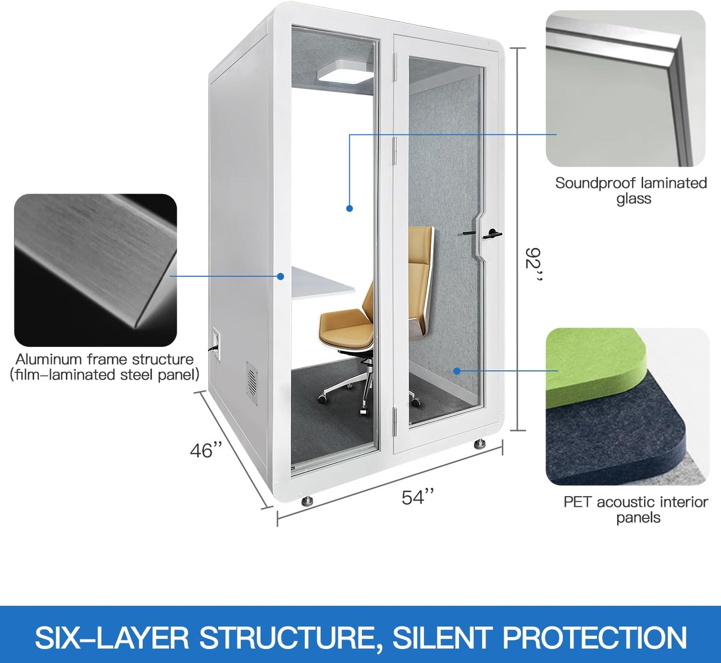 Soundproof Office Pod Booth, Quiet Meeting Pod with Acoustic Panels, Mobile Focus Room, Privacy Silent Booth for Private Phone Calling, 1-2 Person Workspace with Sound Isolation W55in D48in H92in