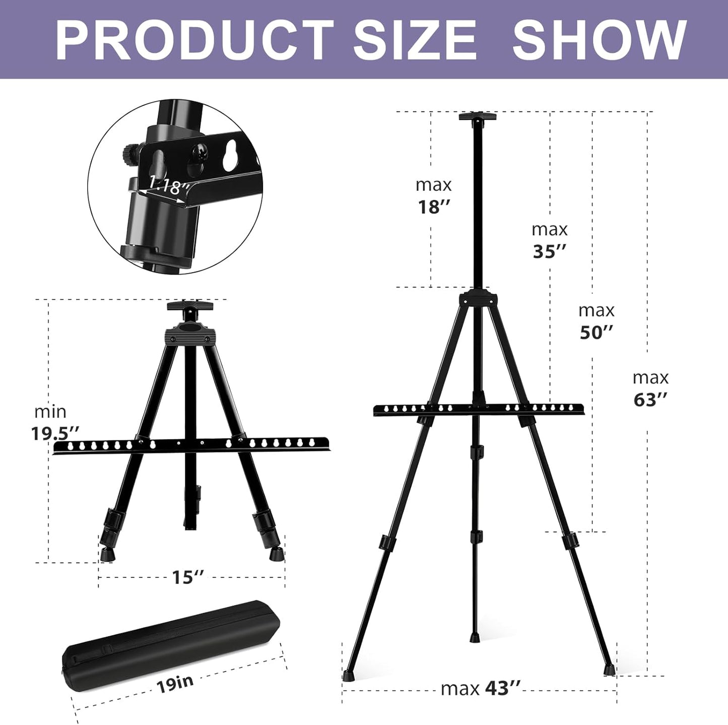 AROIC 4 Pack Painting Display Easel Stand Portable Adjustable Metal Tripod Artist Canvases Height from20to66Inch Extra Sturdy forTable-Top/Floor Painting, Drawingand Displaying,Black with4Storage Bag