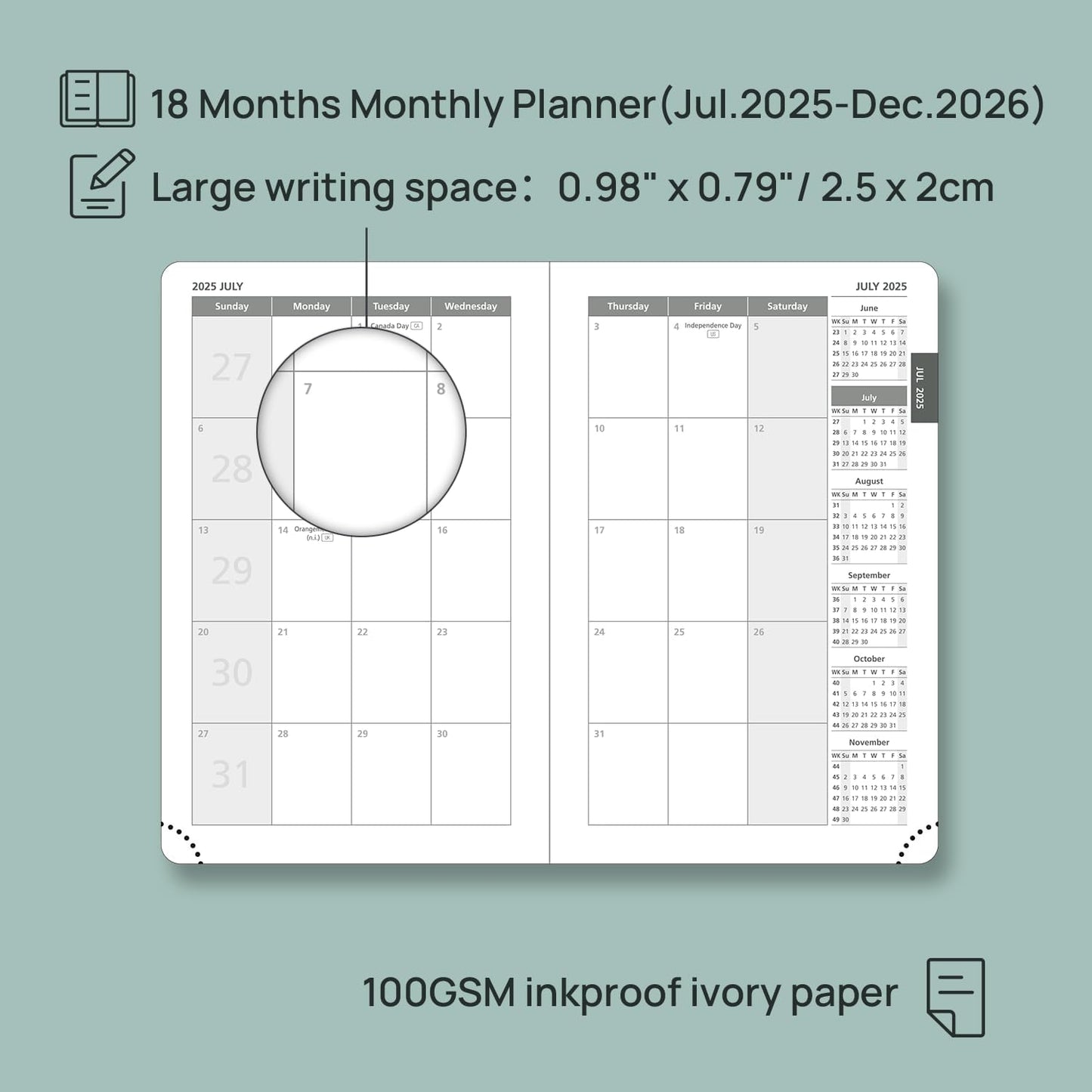 POPRUN Pocket Monthly Planner 2025-2026 (Pocket- 4''x 6.25''Soft Leather Cover) - 18 Month Calendar Book for Purse (Jul.2025-Dec.2026), 100 GSM Thick Paper - Grey