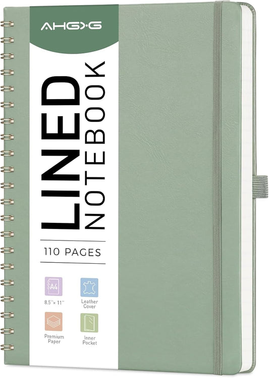 AHGXG Lined Spiral Journal Notebook for Women Men, 8.5" x 11", A4 Large, College Ruled, Hardcover Leather, 100 GSM Paper, Notebooks for Work School Note Taking Writing, Sage Green