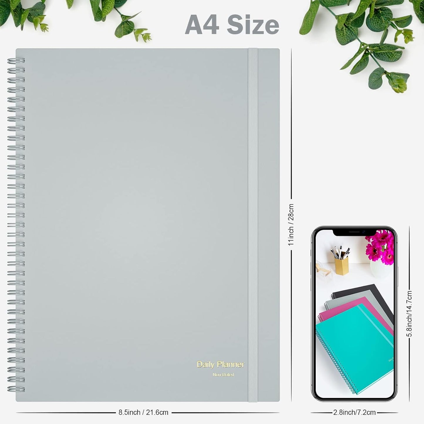 Planner Undated, Asten Daily Planner Agenda with to Do List, Hourly Schedules for Women and Men, Spiral Appointment Book with Elastic Closure, Inner Pocket 8.5" x 11" (Gray)