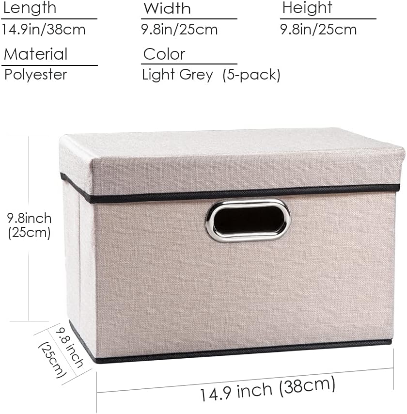 PRANDOM Foldable Storage Bin with Lid [5-Pack] Linen Fabric Decorative Storage Box Organizer Container Basket Cube with Handles Divider for Closet Office Living Room Light Grey(14.9x9.8x9.8)