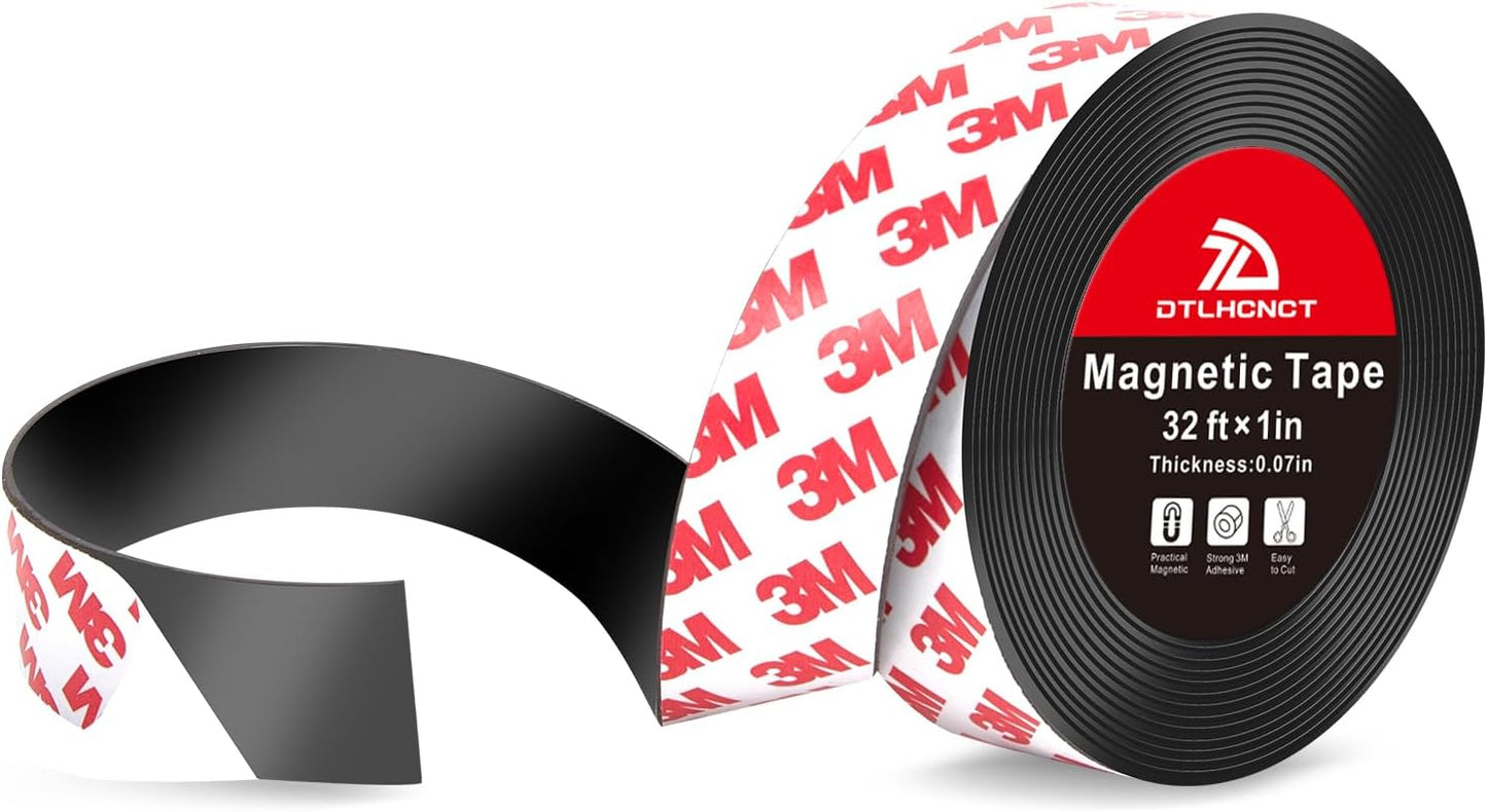 Magnetic Tape - 32 ft x 1 inch Magnet Strip Tape Roll with Strong Adhesive Backing for Kitchen, Office, School Organization, Whiteboards,Fridge(0.07" Thick)